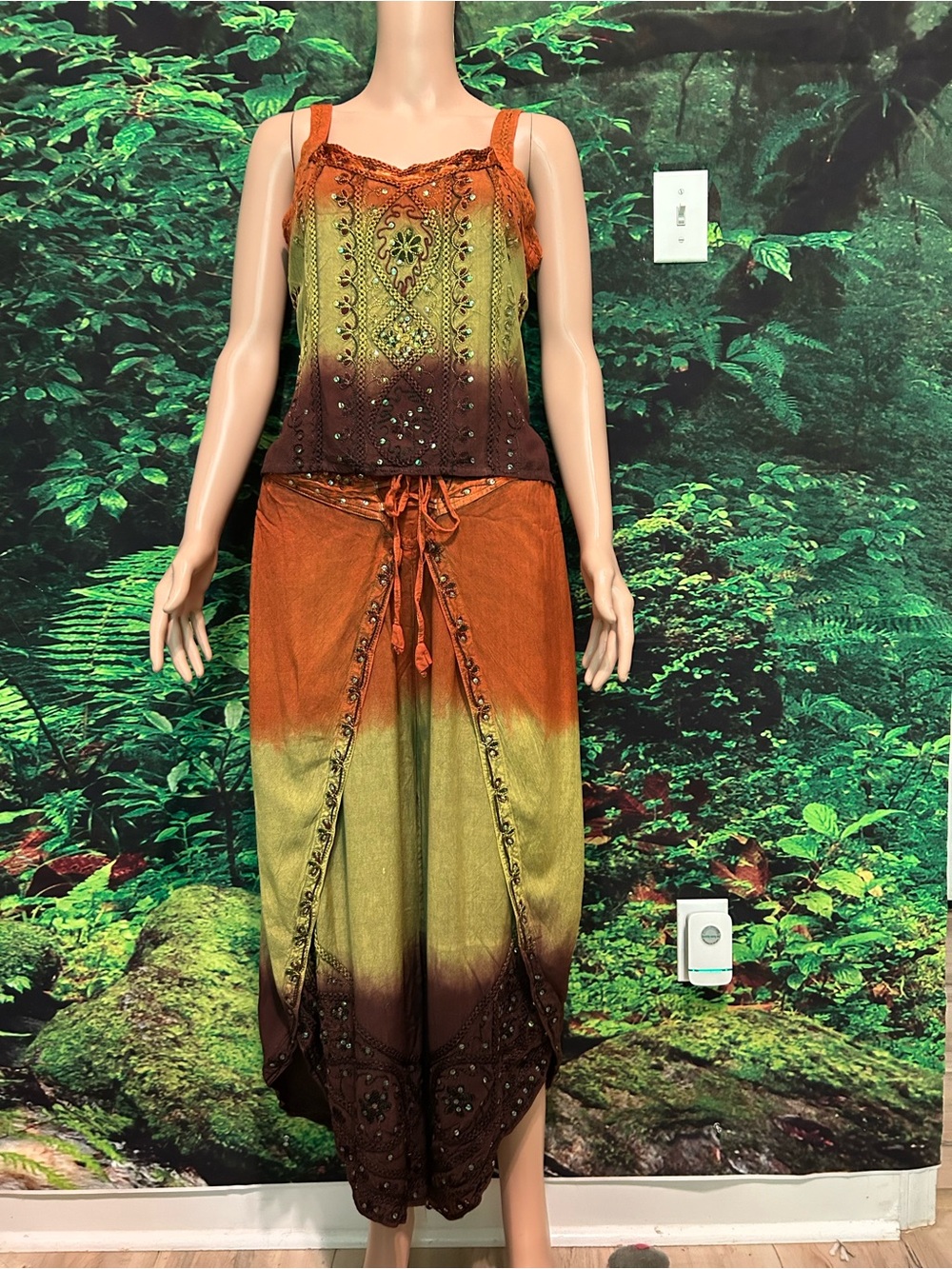Boho Ombre Lace-Up Maxi Dress in Orange & Olive
